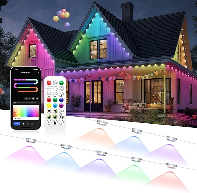 Permanent Outdoor Lights for Halloween, RGB+IC Smart Outdoor Lights for House, 50ft with 25 LED, IP67 Waterproof LED Lights for Halloween Decorations, Work with Remote, APP