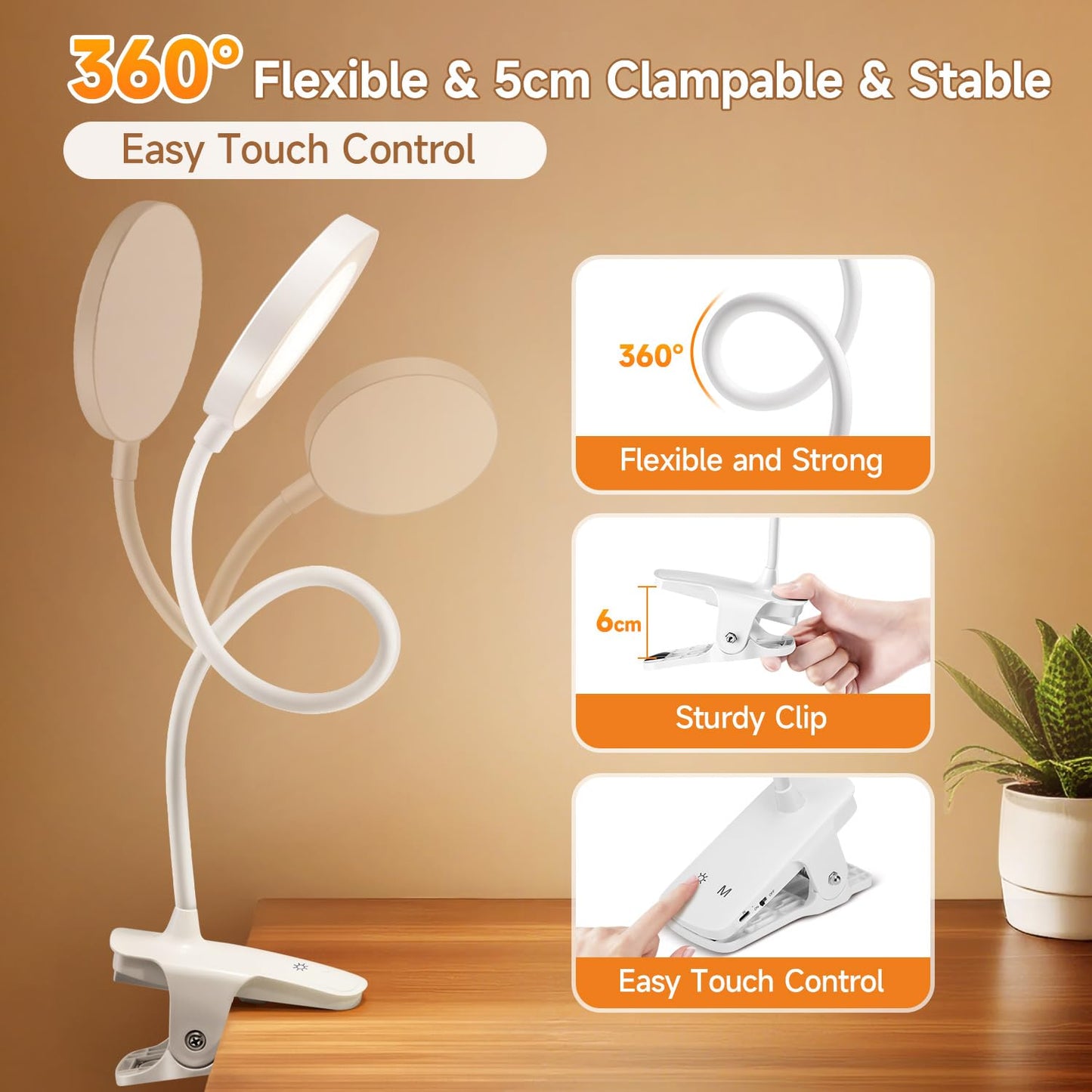 One Fire Reading Lights for Books in Bed, 3600 mAh Rechargeable Lamp, 5 Brightness/5 Colors/Memory Clip on Light, 360° Flexible Reading Lamp, 400LM+36 LED Clip On Reading Light, University Essentials