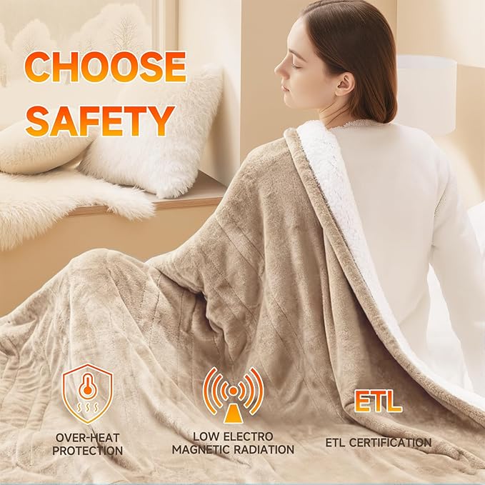 Heated Blanket Electric Blanket King 100"x90" Heating Blanket with Dual Control 10 Heat Levels & 10 Hours Auto-Off Overheat Protection Cozy Soft Flannel King Size Blanket Fast Heating Machine Washable