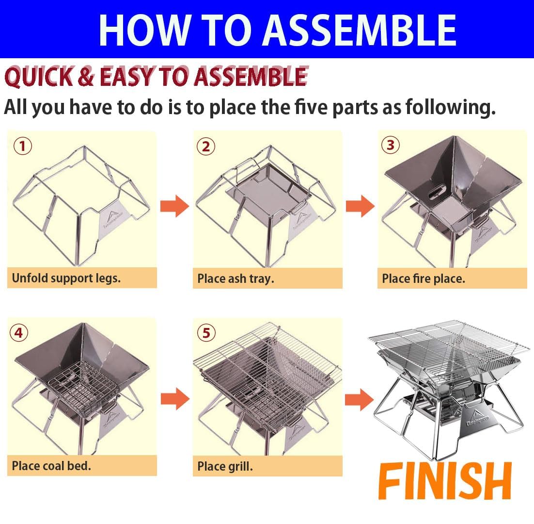 CAMPINGMOON Stainless Steel Foldable Camping Grills Portable Wood Burning Charcoal Grill 14-inch with Carrying Bag MT-2