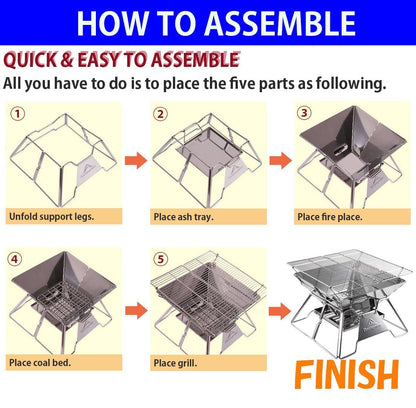 CAMPINGMOON Stainless Steel Foldable Camping Grills Portable Wood Burning Charcoal Grill 14-inch with Carrying Bag MT-2