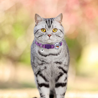 PUPTECK Halloween Cat Collar Breakaway with Bells - 3 Pack Kitten Collar Outfit Adjustable for Girl Boy Small Pet Puppy Bunny Costume with Safety Buckle, Orange Purple Black