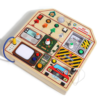 JAUNTY Montessori Wooden Busy Board for Toddlers 3 4 5 Years Old, Wooden Sensory Toddler Toys with LED Light Switches, TV Radio Telegram and Car Driving, Travel Toys Birthday for Boys Girls