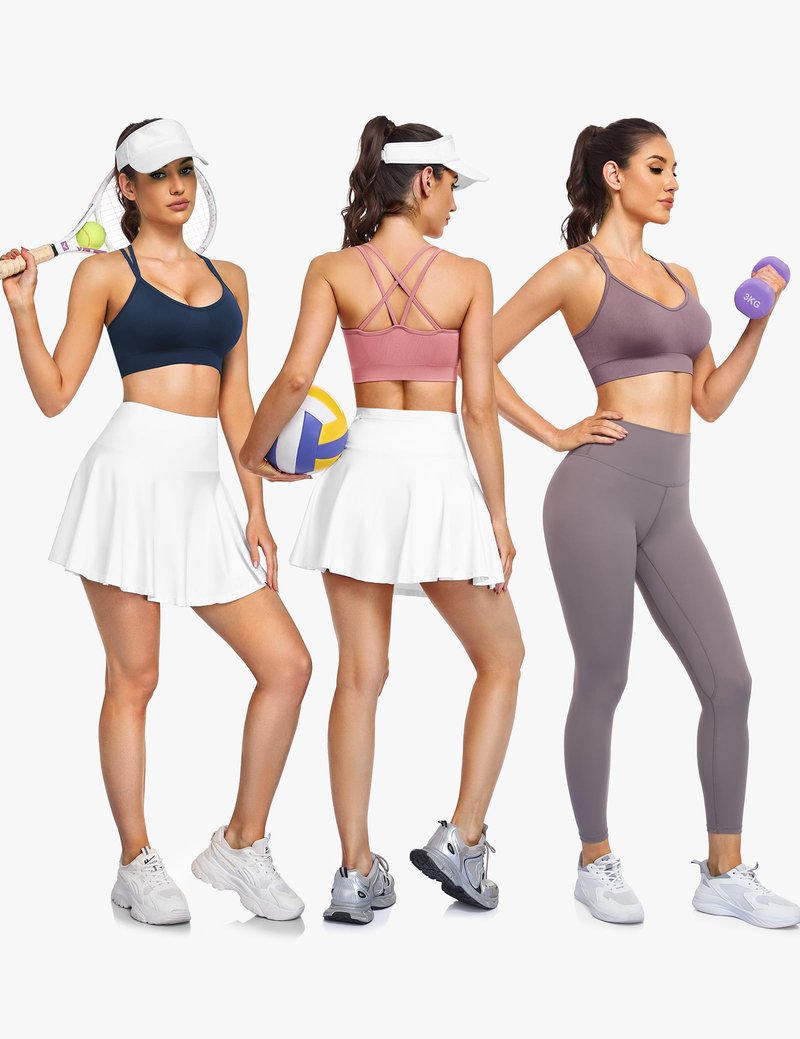 WANAYOU Sports Bras for Women, Cross Back Strappy Medium Impact Sports Bras Padded Wireless Seamless Spaghetti Strap Workout Bra for Athletic Exercise Fitness 3 Pack Black White Navy Blue Large
