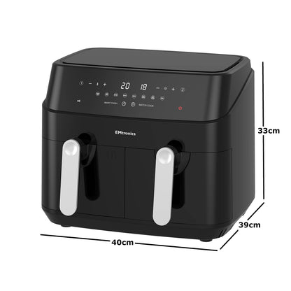 EMtronics EMAFDD9L Dual Air Fryer Extra Large Family Size Double XL 9 Litre with 8 Adjustable Pre-Set Menus for Oil Free & Low Fat Healthy Cooking, Easy Clean Metal Interior, 99-Minute Timer - Black