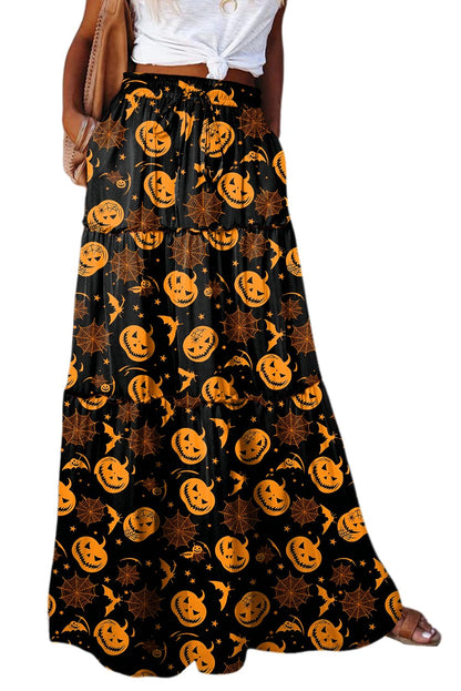 EARKOHA Womens Casual High Waist Tie Paisley Print Long Maxi Skirt with Pockets Halloween Pumpkin M