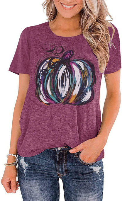 Halloween Pumpkin Shirt Women Fall Graphic Tees Short Sleeve Autumn T-Shirt Thanksgiving Gift Tops (Purple 2, L)