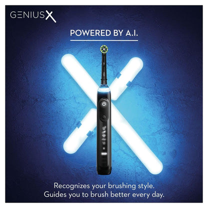 Oral-B Genius X Electric Toothbrush with Artifical Intelligence, App Connected Handle, 1 Toothbrush Head & Travel Case, 6 Mode Display with Teeth Whitening, 2 Pin UK Plug, Black