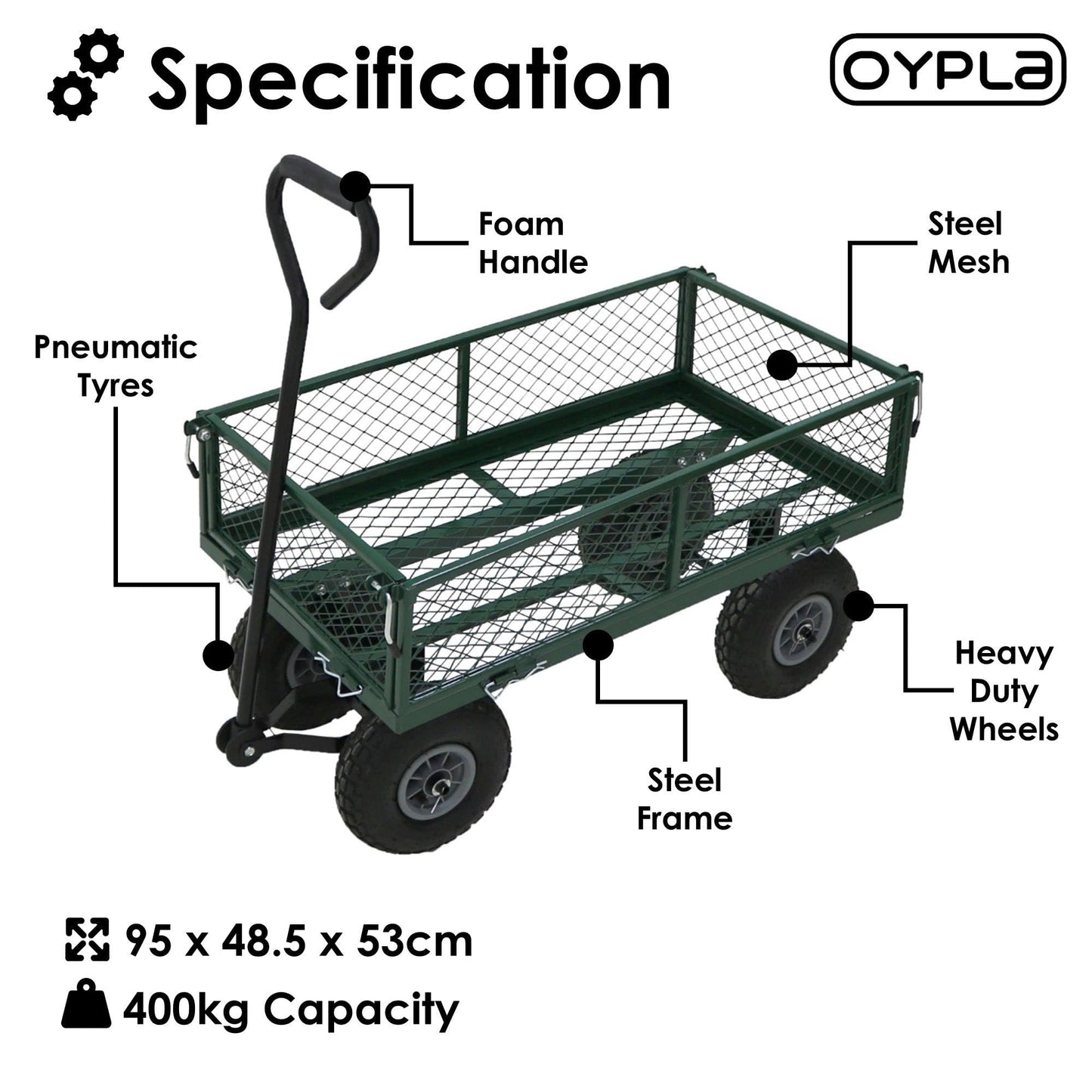 Oypla Heavy Duty Metal Gardening Trolley - Green Trailer Cart