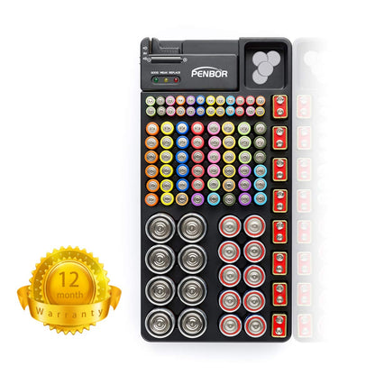 Battery Organizer Storage Case with No Lid Snap, Portable Battery Tester, Just The Right Size Slot with Wall-Mounted Design,Holds 110 Batteries Various Sizes for AAA, AA, 9V, C, D and Butt