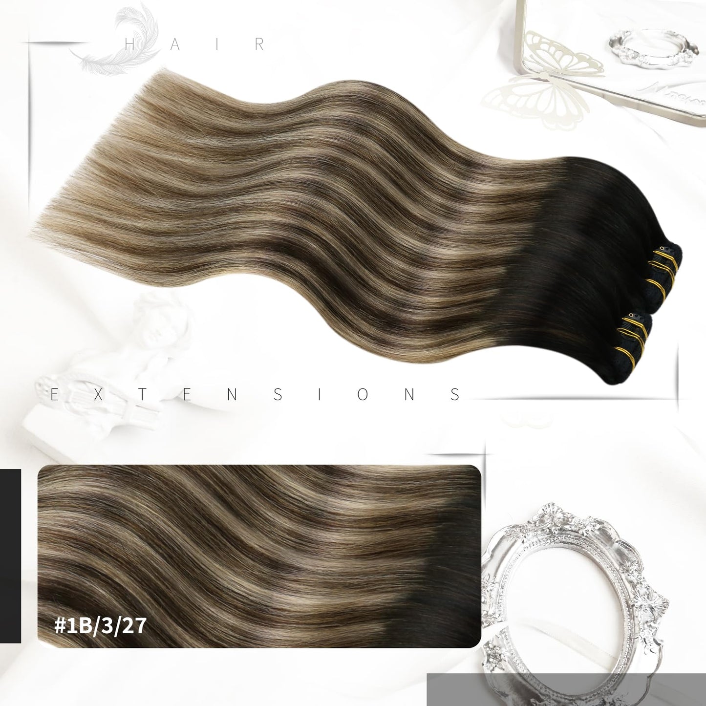 Moresoo Clip in Hair Extensions Real Human Hair Balayage Black to Brown with Caramel Blonde Double Wefted Clip in Human Hair Extensions Full Head 24 inch 7Pcs/120G #1B/3/27