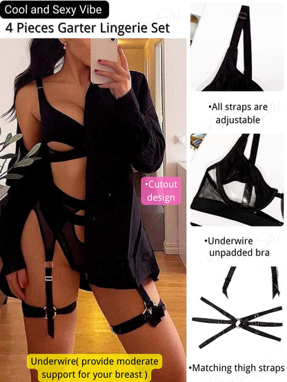 Kaei&Shi Garter Lingerie for Women,Underwire Peekaboo Cutout Strappy Sexy Lingerie,Thong Matching Thigh Straps 4 Piece Lingerie Set Boudoir Black Medium