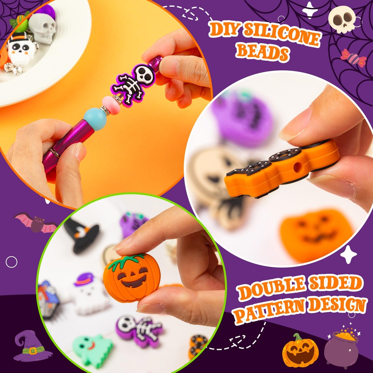 FFNIU 15Pcs Halloween Silicone Beads for Pen, Pumpkin Ghost Focal Beads for Making Keychain Necklace Bracelet Handmade Crafts
