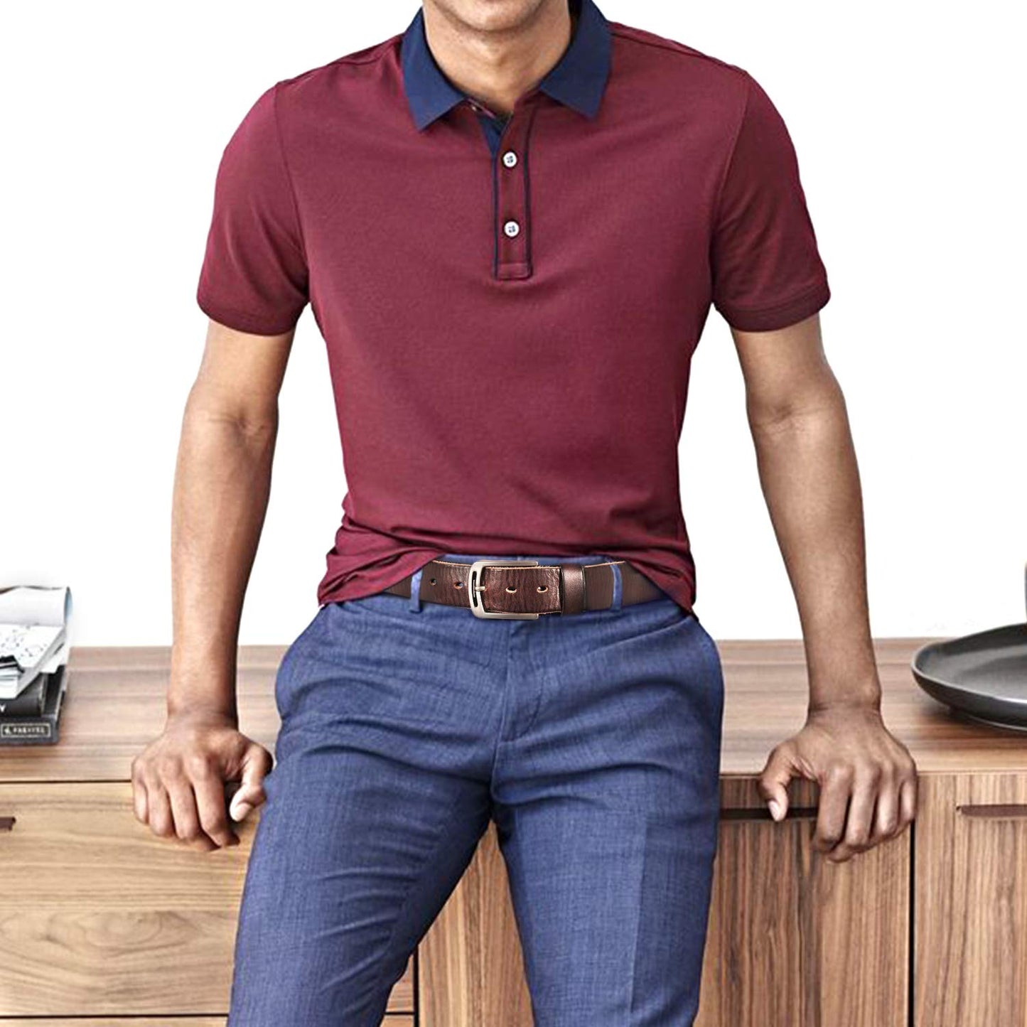 Hzhy Men's Leather Belt,Cowboy Jeans Belt Men for Casual Wear & Jeans,Anti-Scratch Pin Buckle (S (34''- 38''), Type 1-2)