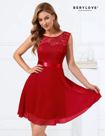 BeryLove Women's Short Homecoming Dresses for Teens Sleeveless Flowy A Line Wedding Guest Lace Cocktail Prom Formal Dress 05 B-Red L
