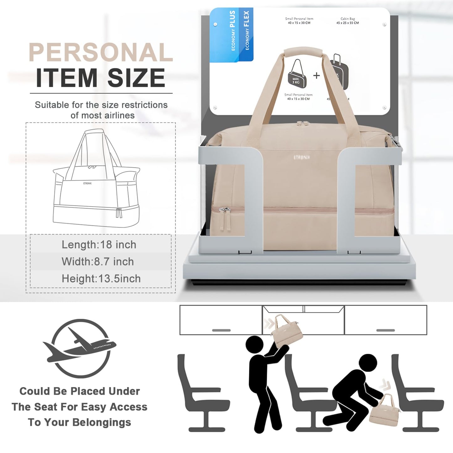 ETRONIK Gym Bag Womens, Travel Duffel Bag, Easyjet Cabin Bag 45x36x20 Underseat, Weekend Bag with Shoes Compartment, Hospital Bag with Wet Pocket & USB Charging Port, Overnight Sports Bag, Khaki