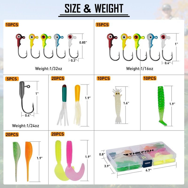 THKFISH Crappie Lures Jigs Heads Kit, 110pcs Soft Plastic Baits Fishing Lures and Tube Jigs Heads for Trout Panfish & Bass Fishing