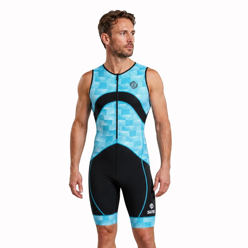 SLS3 Triathlon Suits Mens - Premium Trisuit Triathlon Men - Sleeveless, Quick Drying Tri Kit with Large Back Pocket (Blue Fractal, X-Large)