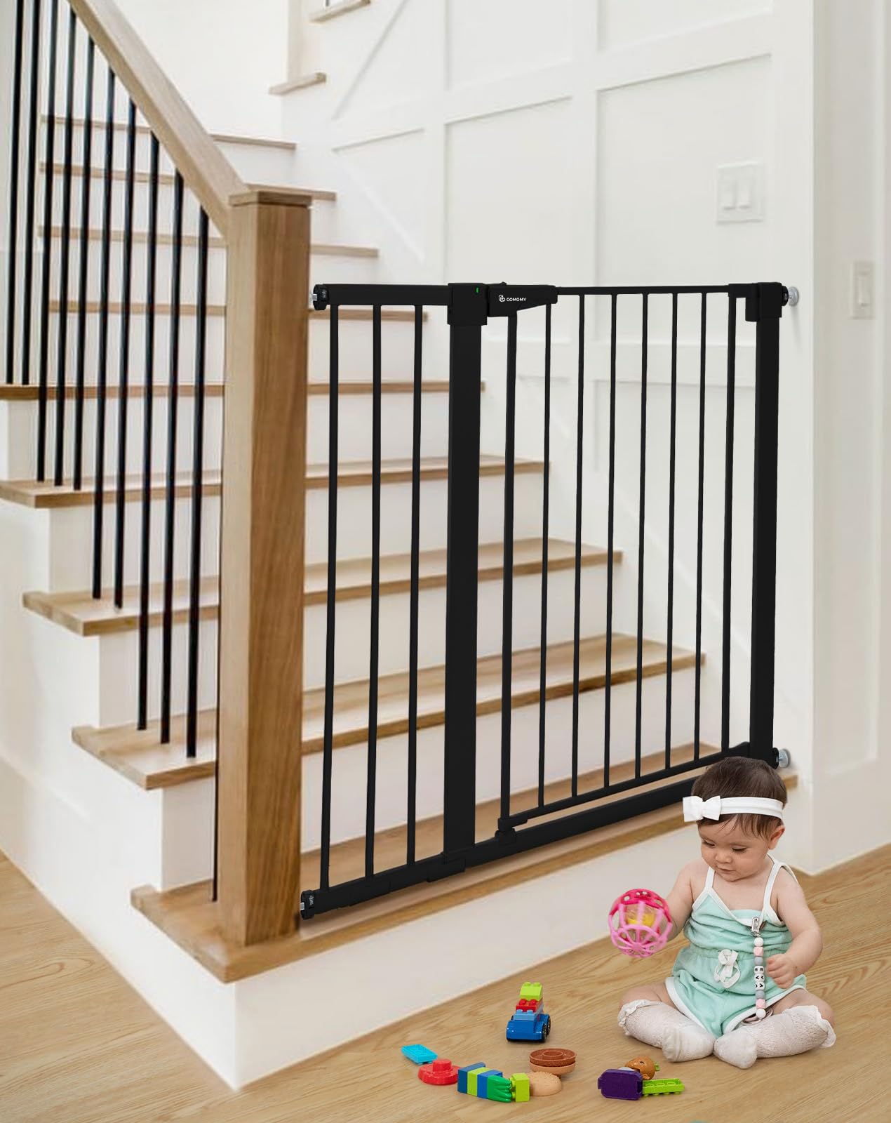 COMOMY 91.5cm Extra Tall Baby Gate for Stairs Doorways, Fits Openings 75-103cm Wide, Auto Close Sturdy Safety Dog Gate for House, Pressure Fit Easy Walk Through Pet Gate with Door, Black