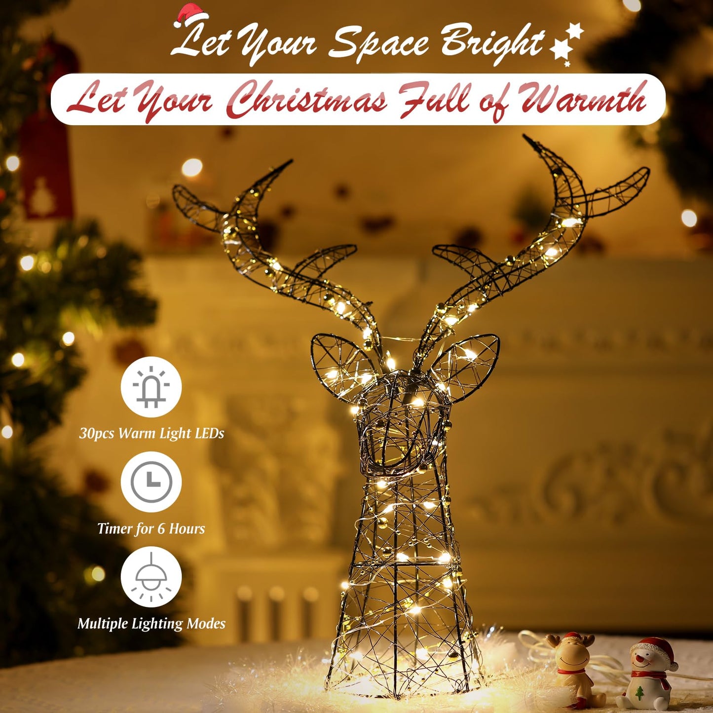 Roylvan Christmas Tree Topper with 8 Lighting Modes, Reindeer Tree Topper Light with 30 LEDs USB Powered Xmas Treetop Warm Light Tree Decoration Indoor Outdoor Home Decor, 3.3FT Cable