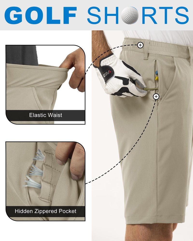Outdoor Ventures Men's Golf Shorts 11" Inseam Classic-Fit Flat Front Stretch Casual Shorts with Pockets Summer Hiking Travel Khaki