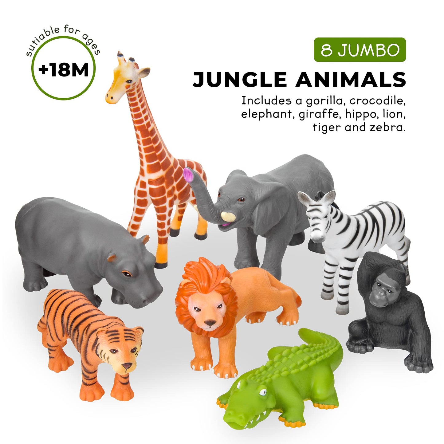 Learning Minds Jungle Animal Figures - Set of 8 Jumbo Zoo Animals For 1, 2, 3 Year Olds - Toy Safari Animals For Kids Age 18 Months Plus - Toys For 1 Year Old Boys - Suitable From 18 Months
