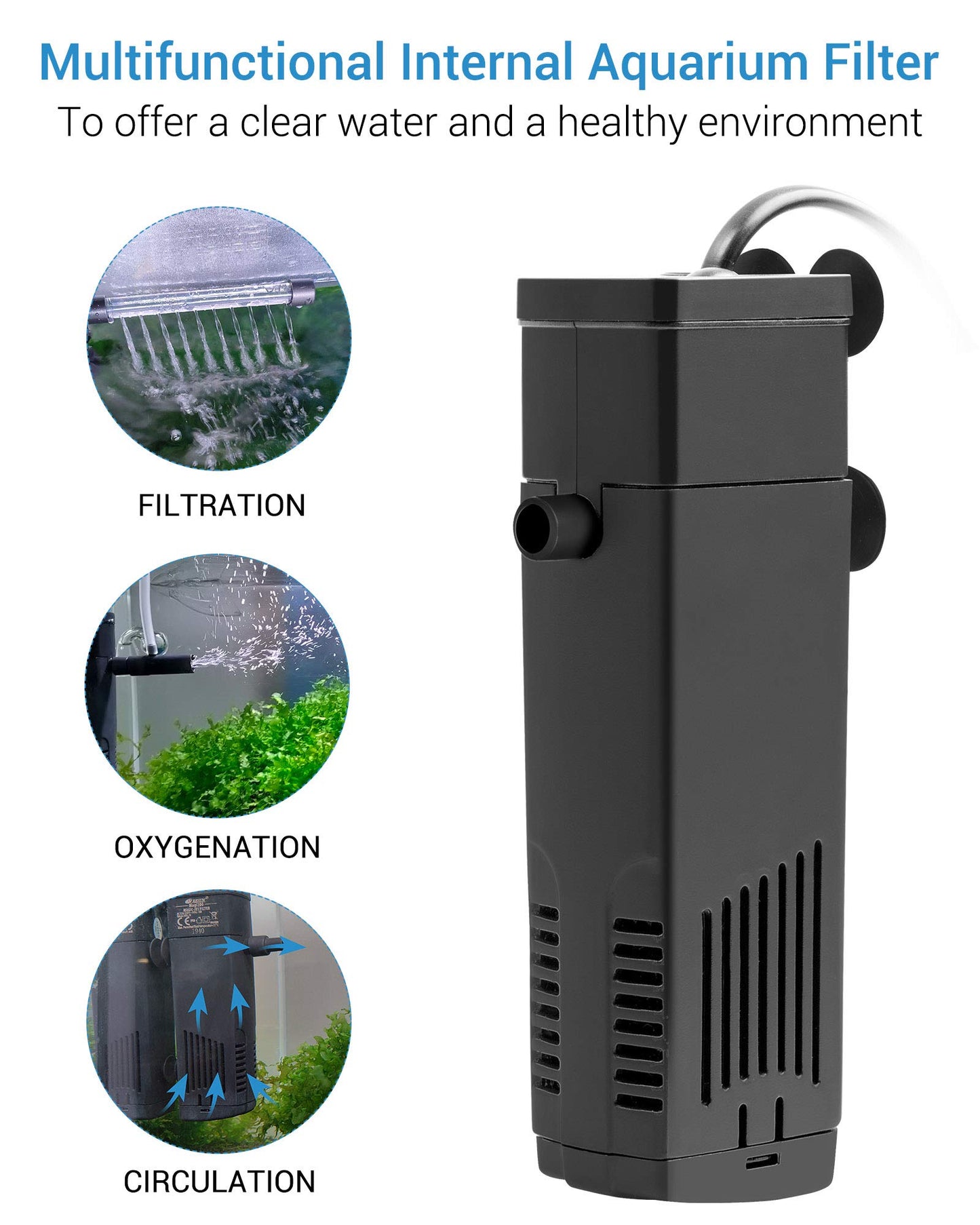 NICREW Fish Tank Filter, Internal Aquarium Filter for Small Tank, Coldwater or Tropical Aquariums, Up to 20L Black