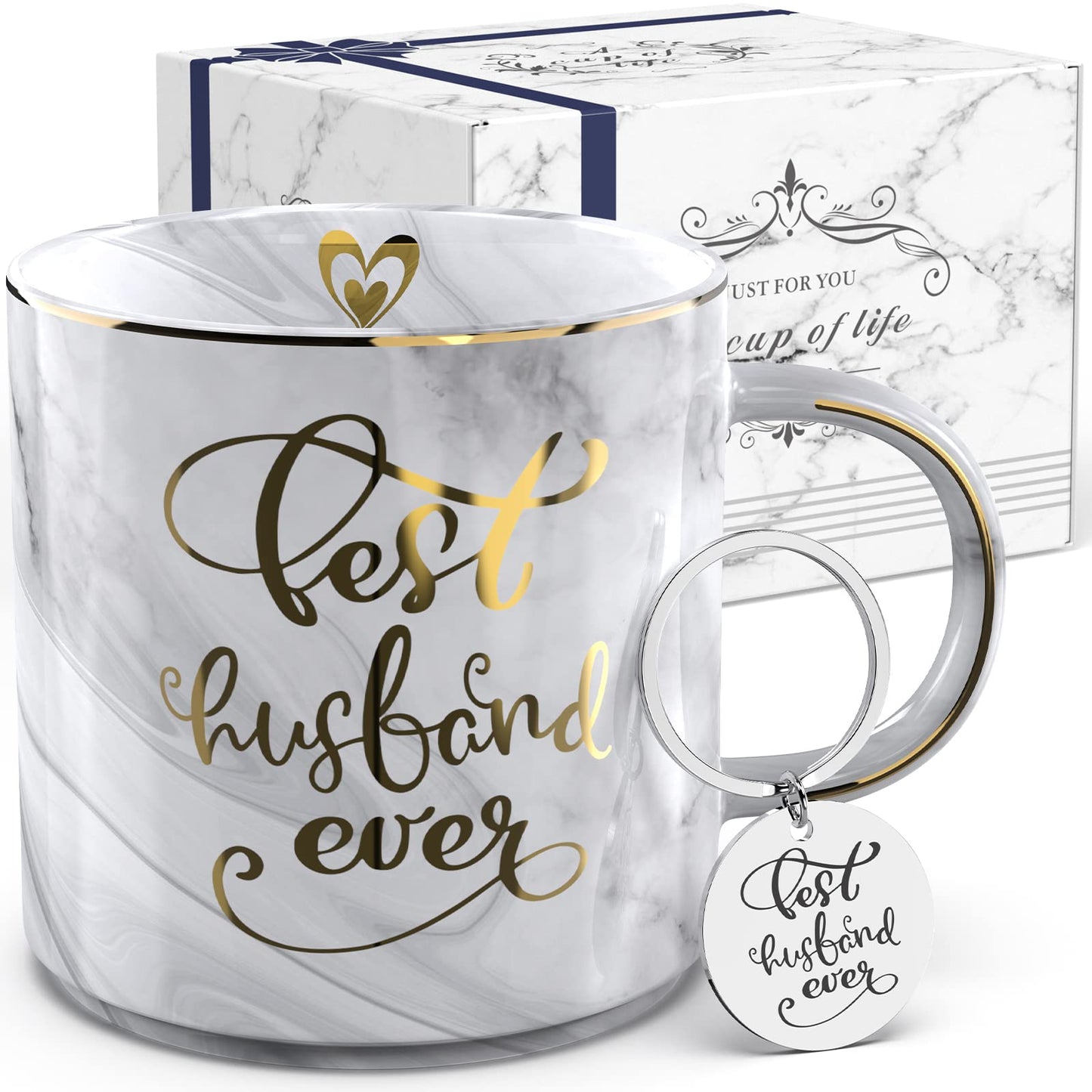 Gifts for Husband from Wife - Gray Marble Ceramic Coffee Mug Cup 11.5oz w/ KeyChain - Best Husband Ever - Birthday Gift Novelty Present for Anniversary, Valentines Day, Christmas Xmas, Thanksgiving