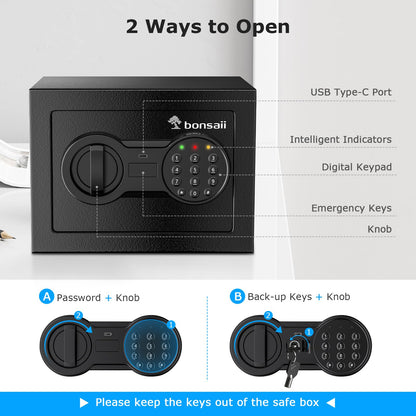 Bonsaii Safe Box with Electronic Keypad, Steel Security Lock Box with Key, 0.23 Cubic Feet, 9.06" W x 6.69" D x 6.69" H, Small Hidden Safe for Cash Jewelry