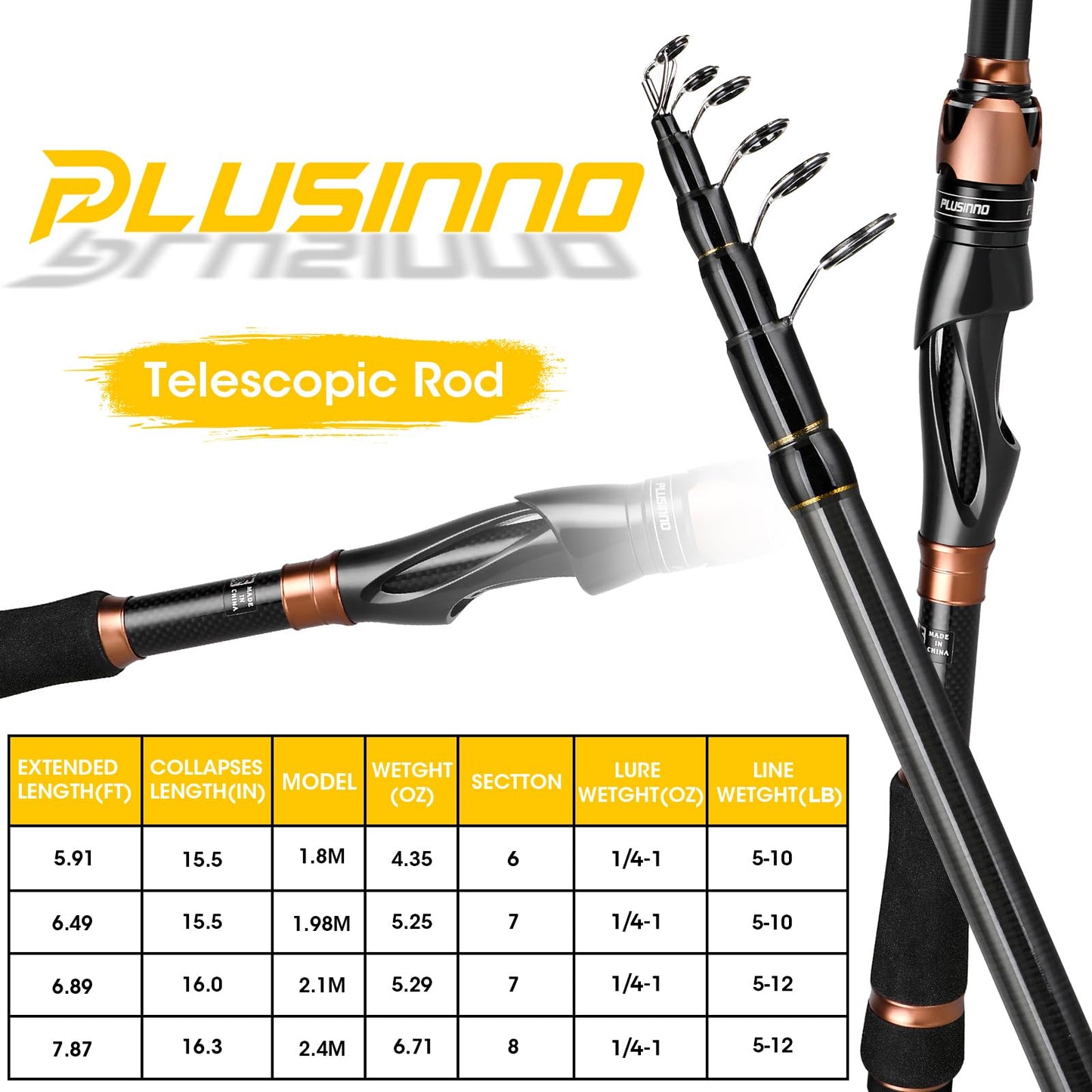 PLUSINNO Fishing Rod and Reel Combos, Bronze Warrior Toray 24-Ton Carbon Matrix Telescopic Fishing Rod Pole, 12 +1 Shielded Bearings Stainless Steel BB Spinning Reel, Travel Freshwater Fishing Gear