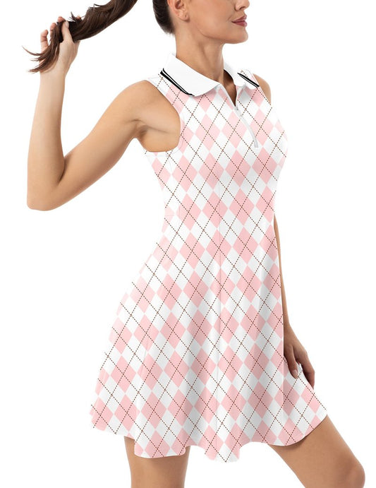 FKEEP Women's Tennis Golf Dress Sport Activewear Workout Athletic Zipper V-Neck with Shorts and Pocket (Pink Checkered, XL)