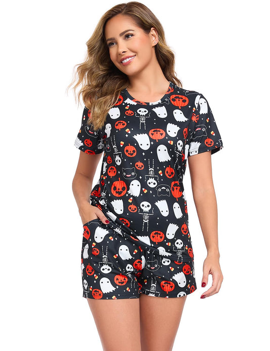 EISHOPEER Women's Halloween Short Tops & Pants Sleepwear Pajamas Sets Halloween Pumpkin XXL