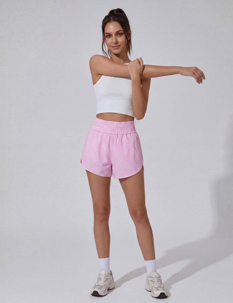 BMJL Women's Athletic Shorts High Waisted Running Short Pocket 2.5" Sporty Shorts Gym Elastic Workout Shorts(M,Pink Plaid)