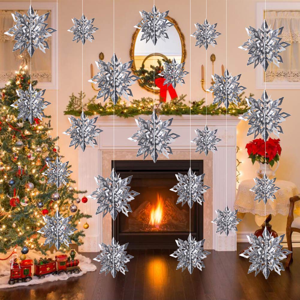 CCINEE 12 Pieces 3D Silver Snowflake Hanging Garland, Christmas Iridescent Paper Snowflakes String Ornaments for Classroom Ceiling Winter Wonderland Wall Hang Holiday New Year Home Decorations