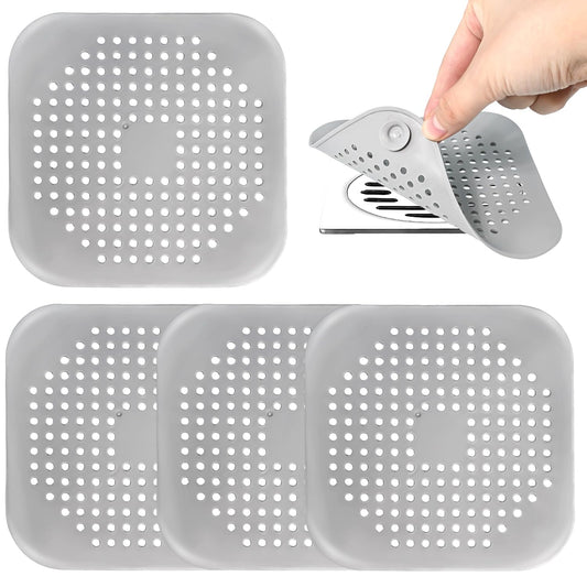 4 Pack Shower Drain Hair Catcher, Silicone Hair Stopper with Suction Cup, Drain Strainer for Bathroom, Bathtub & Kitchen Sink - Grey