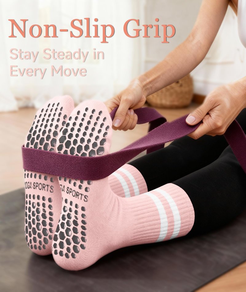 Mancreda Pilates Socks for Women with Non-Slip Grips 84% Cotton Yoga Socks for Barre, Hospital & Barefoot - One Size Fits Most (4 Pairs,PK)