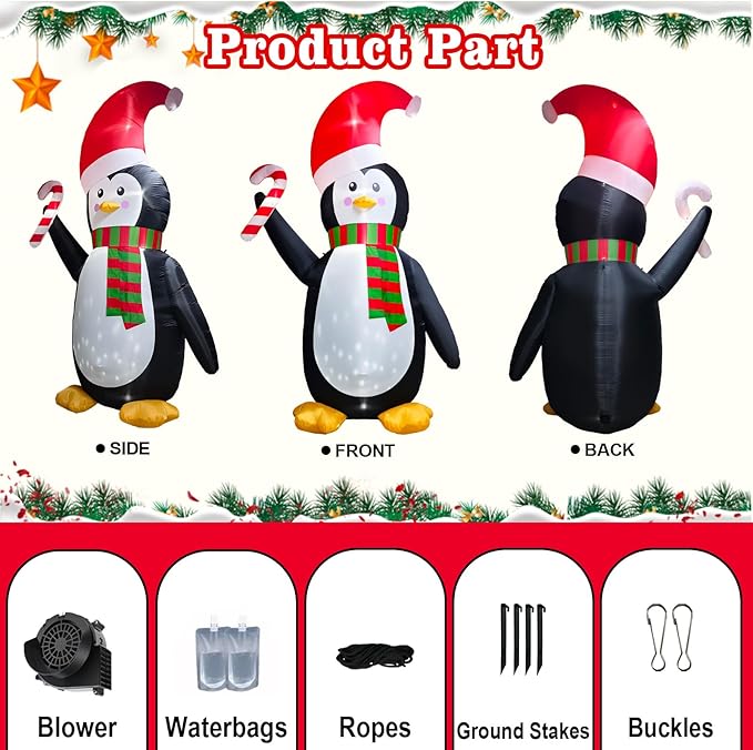 [Flash Light] 12FT Giant Christmas Inflatable Penguin Wear Santa Hat & Scarf Hold Candy Cane Decoration, Christmas Blow Up Penguin inflatable Built-in 4 White LED and 1 Flash Light Xmas Decor