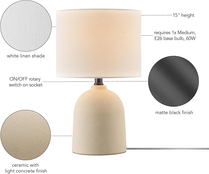 GLOBE Electric 61000142 15" Table Lamp, Ceramic, Light Concrete Finish, White Linen Shade, Rotary Switch on Socket, 5-Foot Clear Cord, Bedroom, Home Décor, Nightstand