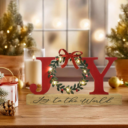 Christmas Decorations for Home LED Lighted Joy Sign with Timer Wreath Farmhouse Wooden Rustic Tabletop Decorative Sign Xmas Holiday Home Decor Indoor Room