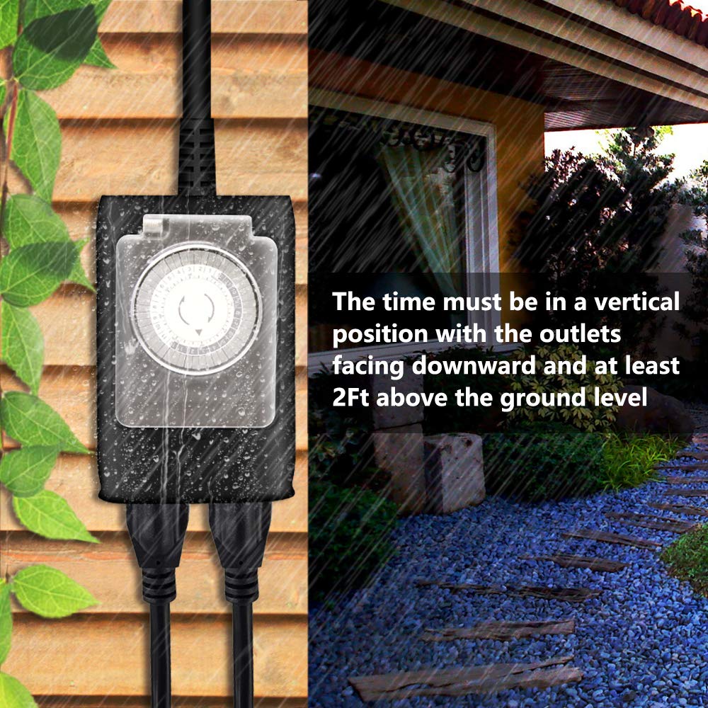 K KASONIC - Outdoor Light Timer Outlet, 24 Hour Mechanical Switch, Heavy Duty Plug in Timer Waterproof with 2 Grounded Outlet, ETL Listed (Black)