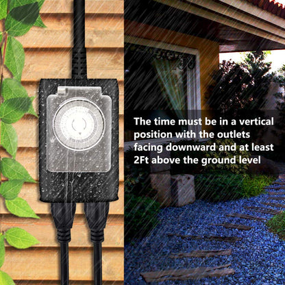 K KASONIC - Outdoor Light Timer Outlet, 24 Hour Mechanical Switch, Heavy Duty Plug in Timer Waterproof with 2 Grounded Outlet, ETL Listed (Black)