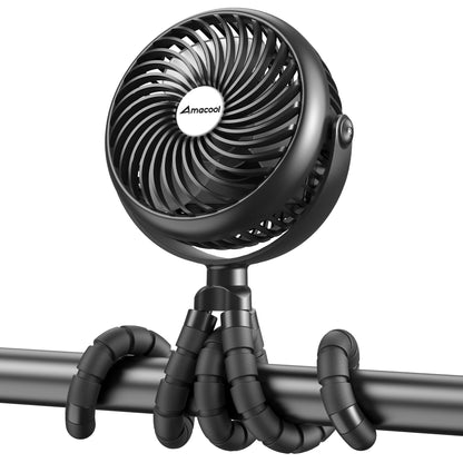 AMACOOL Baby Stroller Fan - 5000mAh Rechargeable, 3-Speed, Strong Yet Quiet, 360°Rotate Portable Clip on Fan for Travel, Car Seat, Crib, Bike, Treadmill, Beach Vacation Essentials
