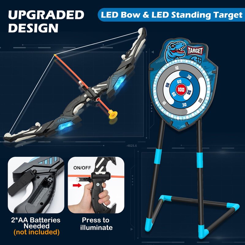 VROGTIK Kids LED Archery Set with Standing Target, 10 Suction Cup Arrows Bow and Arrow for Kids 3-12, Indoor Outdoor Sport Toy for Boys Girls