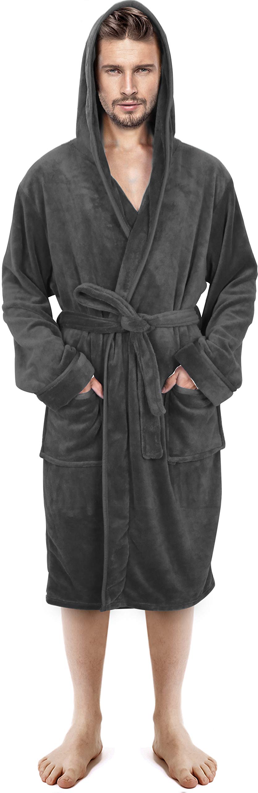 NY Threads Luxury Men’s Hooded Dressing Gown Super Soft Men’s Fleece Robe Cozy Hooded Plush Loungewear, Large, Dark Grey