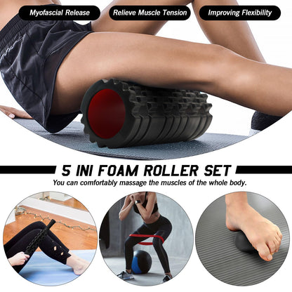 JOYENERGY 5 in 1 Foam Roller Set High Density Foam Roller Patented, Massage Stick, Massage Ball, Resistance Band for Deep Muscle Massage Pilates Yoga, Fitness for Trigger Point Release