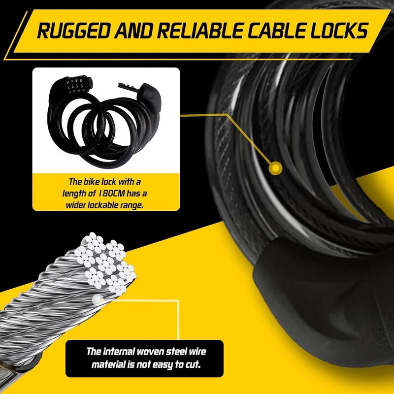 Bike Cable Lock - 6FT Heavy Duty Steel Cable | 4-Digit Resettable Combination, Waterproof Anti-Theft Security for Bikes, Scooters, Gates