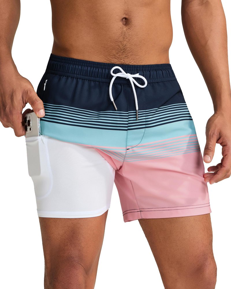 maamgic Mens Swim Trunks with Compression Liner 5 Inch, Quick Dry Bathing Suit with Zipper Pockets, Stretch No-Chafing Swim Shorts, Blue Green-Orange Stripes Medium