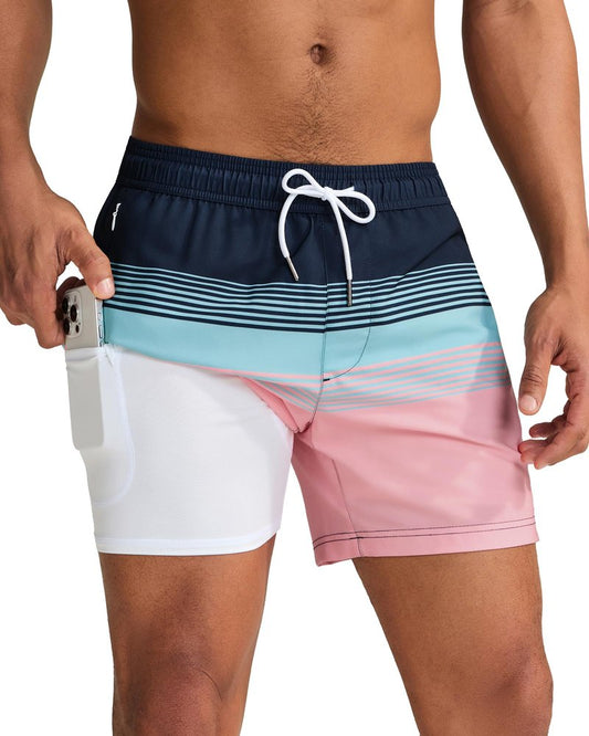 maamgic Mens Swim Trunks with Compression Liner 5 Inch, Quick Dry Bathing Suit with Zipper Pockets, Stretch No-Chafing Swim Shorts, Blue Green-Orange Stripes Medium