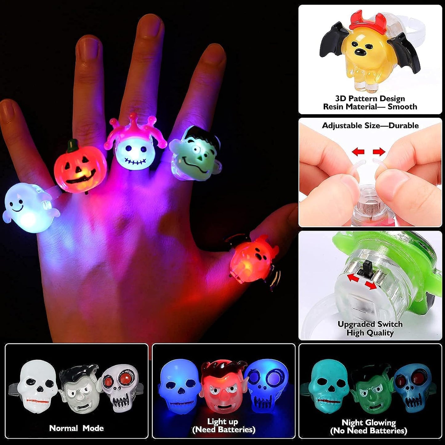 Nucifer 50 Pcs Halloween Treats Light Up Rings Toys Bulk 3D LED Flashing Glow In The Dark Rings Party Supplies Prizes Non Candy Treats Halloween Party Favors Gifts Toys Kids Adults Goodie Bag Stuffers
