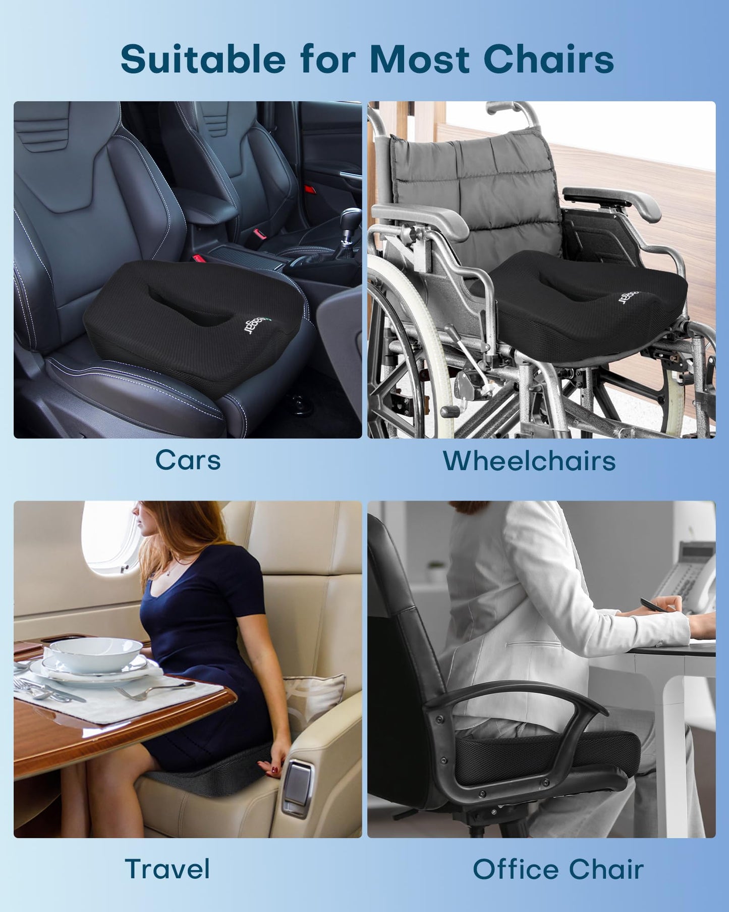 Feagar X Large Memory Foam Seat Cushions for Office Chairs Desk, Chair Cushion Tailbone Pain Relief Extra Dense Hip Sciatica Car Seat Cushion for Long Sitting Black